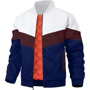 Men's White Red Blue Polyester Stylish Stand Collar Casual Bomber Jacket